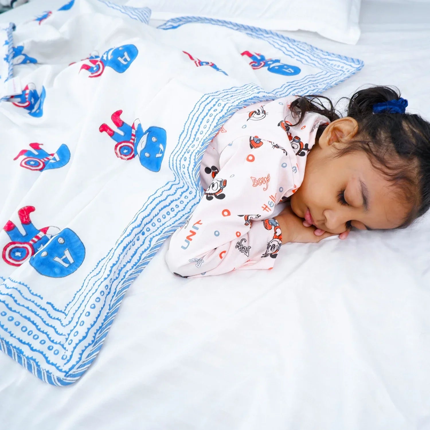 Single Bed Captain America Handblock Printed Children Bed Dohar - Tarvik